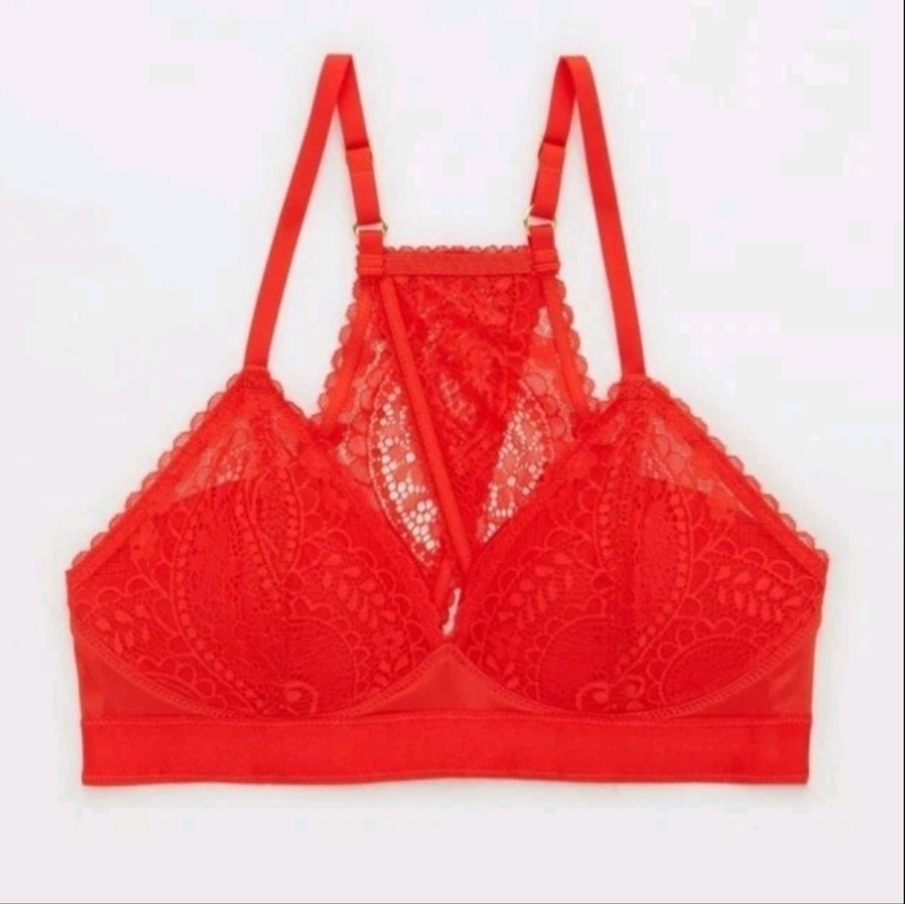 Aerie Red Real Povwer Wireless Push Up Paisley Lace Bralette Bra 38B